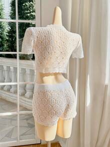 Skyraze Women Solid Color Regular Shoulder Short Sleeve Casual Hollow-Out Knit Set