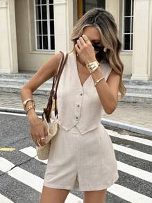 Serisse 2pcs Women V-Neck Sleeveless Button Blouse And Loose Casual Shorts Set  Two-Piece V-Neck Vest Suit