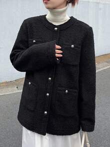 FRIFUL 女士前开襟纯色长袖圆领宽松秋冬外套粗花呢夹克女式衬衫式外套女式超大款外套圈圈呢夹克 - 黑色 - 查看 6