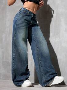 SHEIN PETITE Pantalones vaqueros anchos con pierna acampanada, bolsillos y estilo informal y holgado para mujeres - azul real - Ver 3