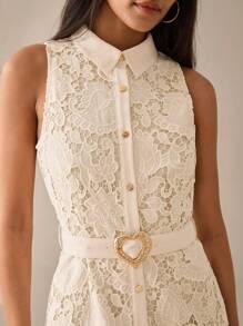 Lilora Vestido de encaje de longitud media con cuello de camisa sin mangas, elegante y bordado con diseño calado, adecuado para ir a trabajar, uso diario y fiestas, con estilo urbano, romántico y elegante para salir - Albaricoque - Ver 4