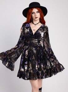 ROMWE EDITION Đầm midi tay chuông cổ chữ V sâu bằng nhung Jacquard phong cách Bohemian gợi cảm tối màu - Nhiều màu - Xem 7