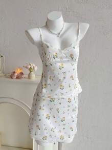 Sweetina 2 件套女式娃娃装家居服缎面蕾丝碎花吊带背心和迷你裙套装 - 彩色 - 查看 4
