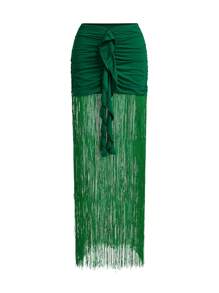 Anewsta Women's Summer Beach Solid Color Ruched Metal Shell Sexy Bikini Set With Cover-Up And Skirt - Green - View 10