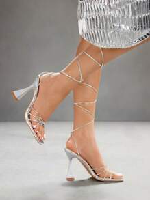 CUCCOO SZL Women Metallic Strap Buckle Square Toe Thick Heel Sexy Chic High Heel Sandals - Silver - View 6