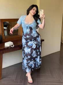 Flirla 2pcs Mesh Sheer Blouse And Blue Floral Print Spaghetti Strap Dress Set - Multicolor - View 3