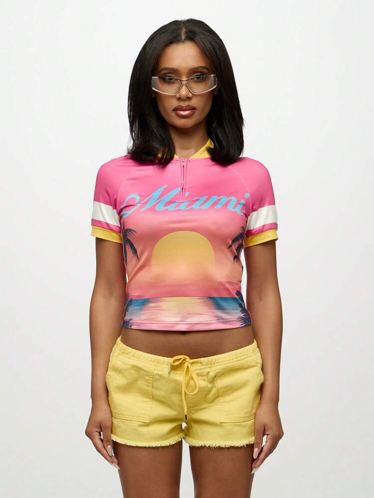 SUMWON WOMEN Half Zip Crop Top With Sunset Digital Print