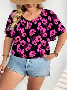 SHEIN CURVE+ Camisa de manga corta de cuello redondo suelta y casual con estampado floral, adecuada para outfits de otoño e invierno, vacaciones en el campo/playa - Multicolor - Ver 5