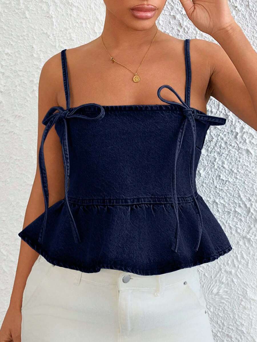 SHEIN Cottnline ملابس علوية كاميسول جينز مصبوغ بالغسيل مع ربطة للنساء، صيفي - أزرق داكن - مشاهدة 1