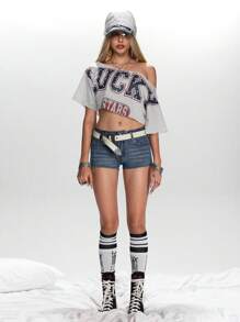 ROMWE Grunge Punk 加州女孩性感水钻翼形刺绣超低腰牛仔迷你短裤 - 藍色 - 查看 3