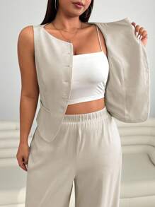 Solflare 2pcs Apricot Colored Plus Size Vest Top And Pants Suit,Summer Clothes,Mother Day Outfit,Old Money,Office Outfits For Women - Khaki - View 5