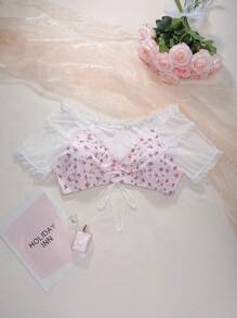 SHEIN Plus Size Women Non-Wired Ditsy Floral Colorblock Short Sleeve Bralette - Pink - View 6