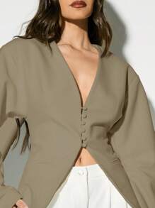 KIZN Blazer estructurado oversize con botones, de corte ajustado, para oficina, trabajo, negocios, formal, pasarela, moderno, elegante y sofisticado, para otoño - Marrón - Ver 3