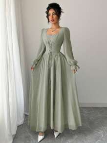 Modelyn Váy tay đèn lồng chéo màu trơn thanh lịch kiểu Pháp - màu xanh lá - Xem 3