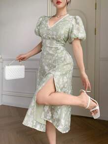 DAZY Vestido midi con estampado floral, cuello en V, mangas cortas abullonadas, botones de perla y textura para vacaciones para mujer