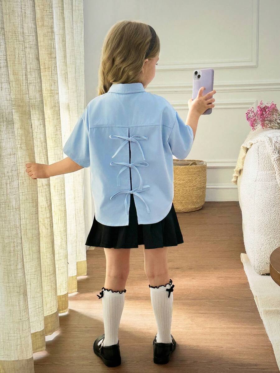 SHEIN Leap Crew Giovane Girl Blu per il ritorno a scuola, con fiocco casual a righe - Rosa - Visualizzare 1