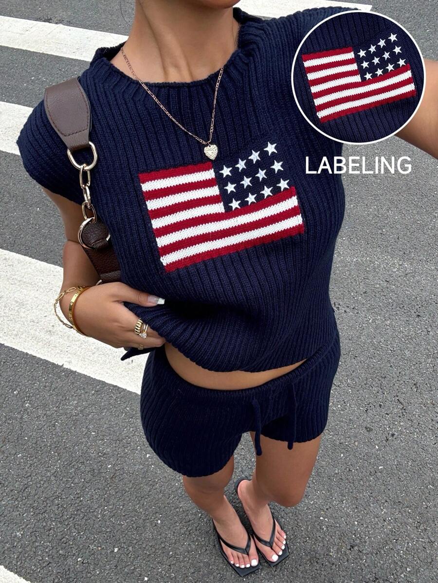 Muchica 4th Of July Women's New Sleeveless Flag Print Knit Top And Leggings Set For Independence Day - Navy Blue - View 1