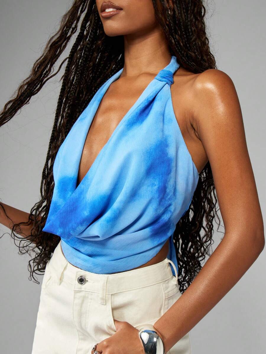 MISSGUIDED 雪纺露背夏季上衣围脖领露背设计轻盈优雅短款上衣褶饰派对俱乐部晚装 - 寶藍色 - 查看 1