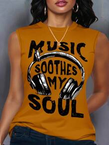 SHEIN LUNE Áo ba lỗ in khẩu hiệu thường ngày cỡ lớn, mùa hè - Lạc đà - Xem 1