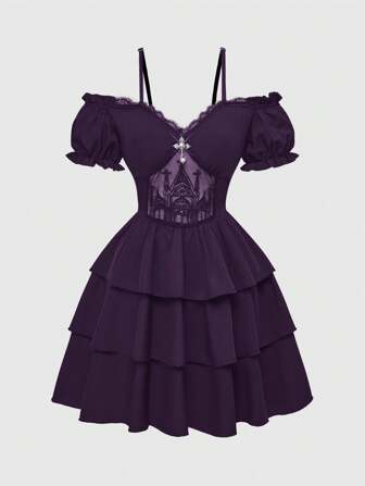 Goth Gothic Embroidered Hollow Cross Decor Off Shoulder Lace Patchwork Puff Sleeve Layered Dress, Purple Red