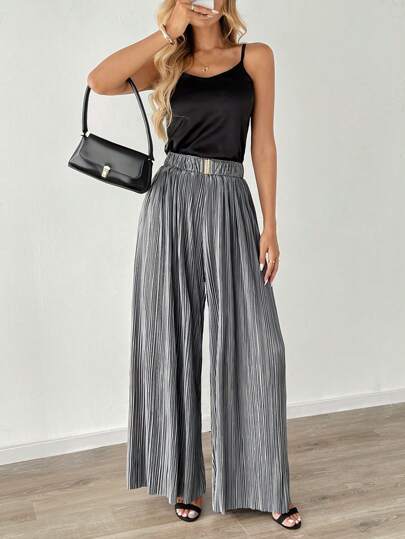 EMERY ROSE بنطلون نسائي صيفي كاجوال مطوي فضفاض، بنطلون نسائي ذو ساق واسعة، بنطلون نسائي صيفي، بنطلون نسائي ذو ساق واسعة