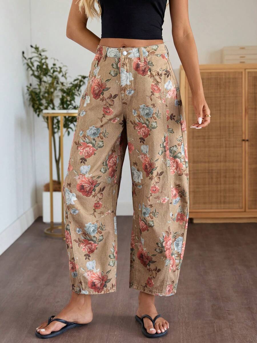 女式花卉印花高腰宽松锥形休闲牛仔裤 - 彩色 - 查看 1