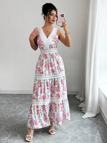 Elenzga 女士花卉印花撞色蕾丝无袖度假连衣裙（图案随机剪裁）