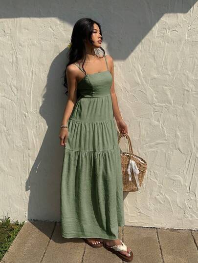 SHEIN Unity Vestido sin mangas de tela con textura de color melocotón claro con cintura recogida y tirantes finos, suelto y estilizador, estilo de vacaciones