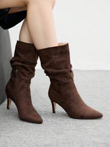 CUCCOO BIZCHIC Coffee Pointed Toe Slip-On High Heel Ruched Ankle Boots, Women's Fashion Ankle Boots For Christmas Spring Shoes - Coffee Brown - View 11