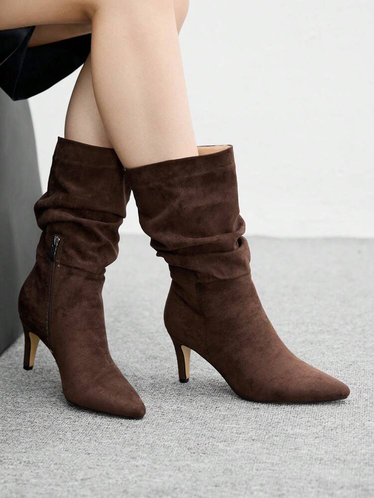 CUCCOO BIZCHIC Coffee Pointed Toe Slip-On High Heel Ruched Ankle Boots, Women's Fashion Ankle Boots For Christmas Spring Shoes