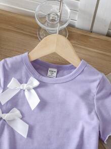 SHEIN Vintaside Kids 2pcs/Set Young Girl Bow Decor Short Sleeve T-Shirt And Shorts Casual Outfit, Summer - Mauve Purple - View 3