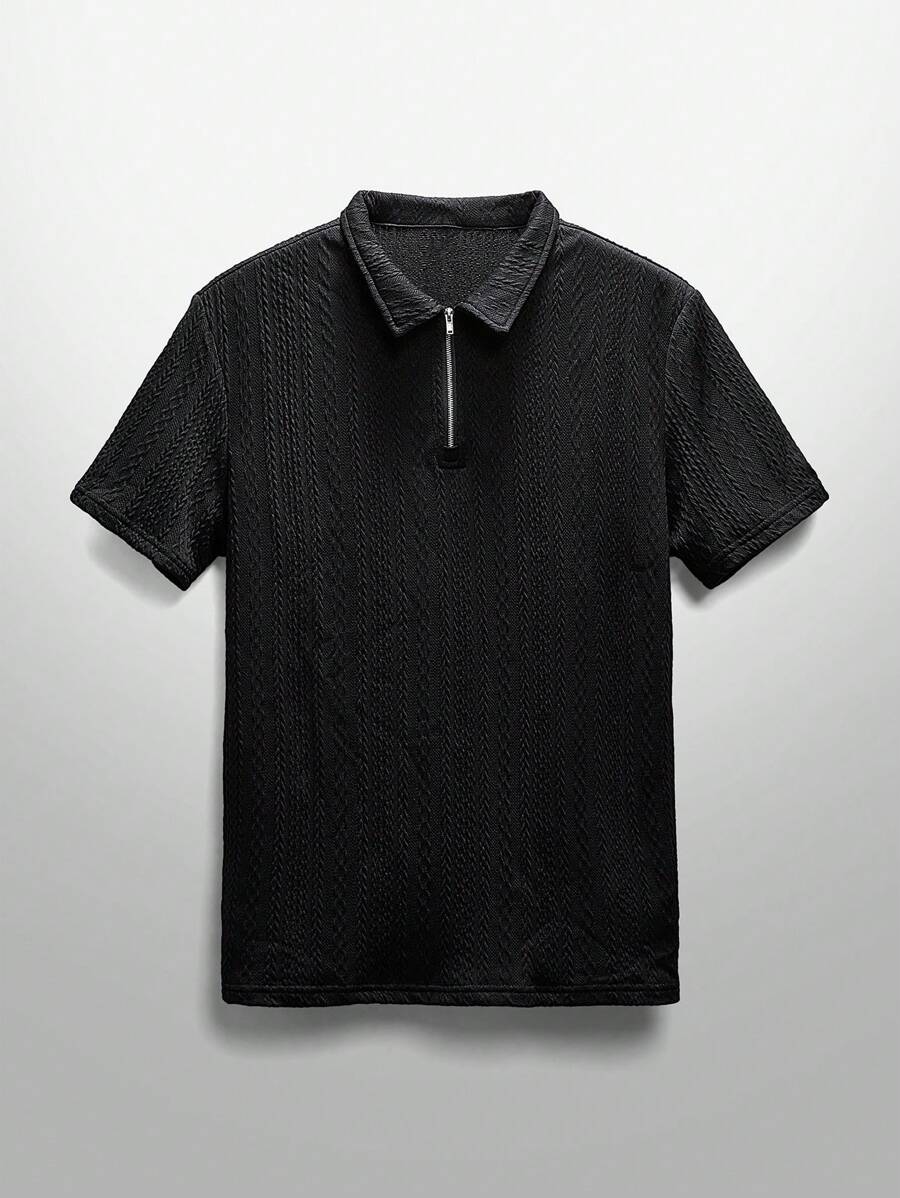 Manfinity RebelGame 男士纯色针织休闲 Polo 衫,街头风 - 黑色 - 查看 1