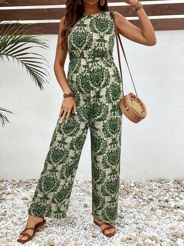 SHEIN Pregnant Women's Casual Sleeveless All Over Print Jumpsuit