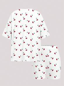 SHEIN Conjunto de 2 piezas vintage con camiseta de manga corta holgada y pantalones cortos con estampado minimista de cerezas, ideal para adolescentes en verano o viaje de primavera