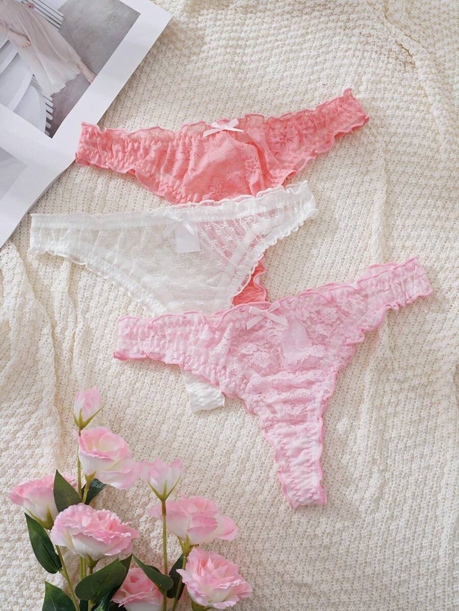 PetitDoll 3pcs Women's Minimalist Sexy Lace Thong Panties - Multicolor - View 1