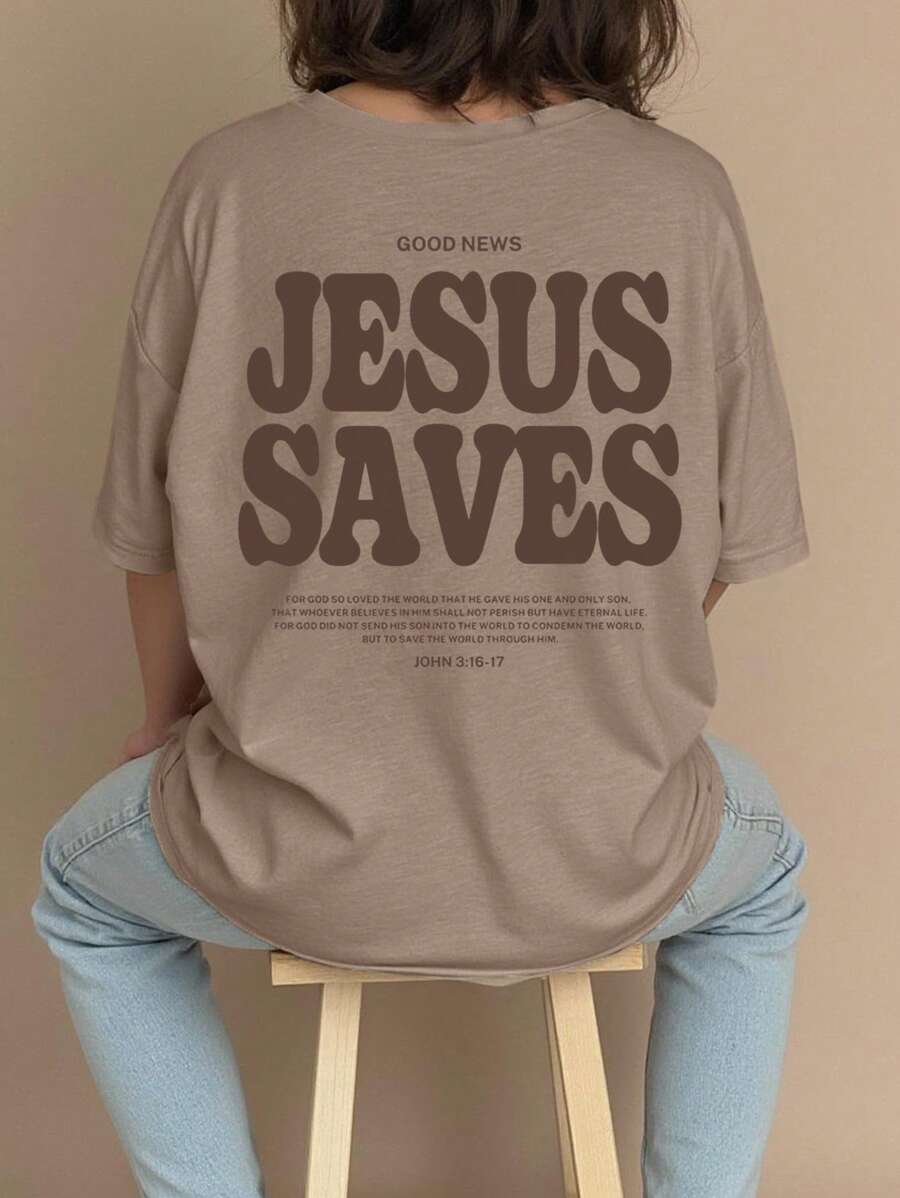 INAWLY Plus Size Summer Casual Loose Short Sleeve T-Shirt With Slogan Print And Drop Shoulder Design, GOOD NEWS, JESUS SAVES FOR GOD SO LOVED THE WORLD THAT HE GAVE HIS ONE AND ONLY SON, THAT WHOEVER BELIEVES IN HIM SHALL NOT PERISH BUT HAVE ETERNAL LIFE FOR GOD DID NOT SEND HIS SON INTO THE WORLD TO CONDEMN THE WORLD, BUT TO SAVE THE WORLD THROUGH HIM JOHN Graphic Tees Women Tops - Khaki - View 1