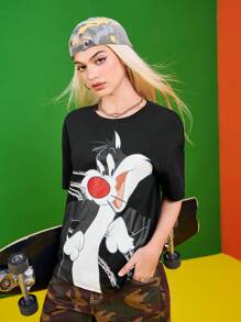 LOONEY TUNES X SHEIN 大码女式宽松超大卡通图案落肩T恤，夏季 - 黑色 - 查看 6