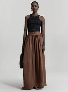 Ontre 现代都市风格，极简主义舒适风格，条纹材质，棕色，女式 A 字裙，飘逸，松紧腰身，日常穿着，通勤，休闲，商务休闲，2025 年新款，初秋