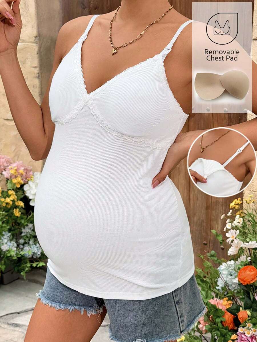 Áo cho bà bầu cho con bú không tay, màu trơn, phối ren, ôm sát, thích hợp cho mùa hè, đi nghỉ mát. - trắng - Xem 1