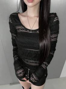 DAZY 女款大廓型性感哥德風圓領透視蕾絲黑色長袖上衣，適合春夏萬聖節與秋季，女裝夜店聚會穿搭 - 黑色 - 查看 5