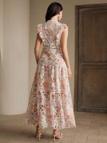 Anewsta 女士腰部收紧镂空刺绣印花优雅中长度假连衣裙 - 珊瑚橙 - 查看 3