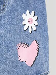 Denimly Fashion Casual Butterfly, Letter, Heart & Floral Printed Denim Mid-Length Skirt For Teenage Girls, Elastic Waist & Zipper Closure - Medium Wash - View 8