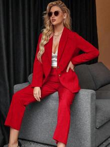 Chiquease Solid Single Button Blazer & Suit Pants For New Year Clothes Fall Cloth For Women - Red - View 6