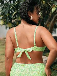 Swim Mod Plus Size Women Floral Spaghetti Strap Bikini Top For Summer Beach Vacation - Green - View 2
