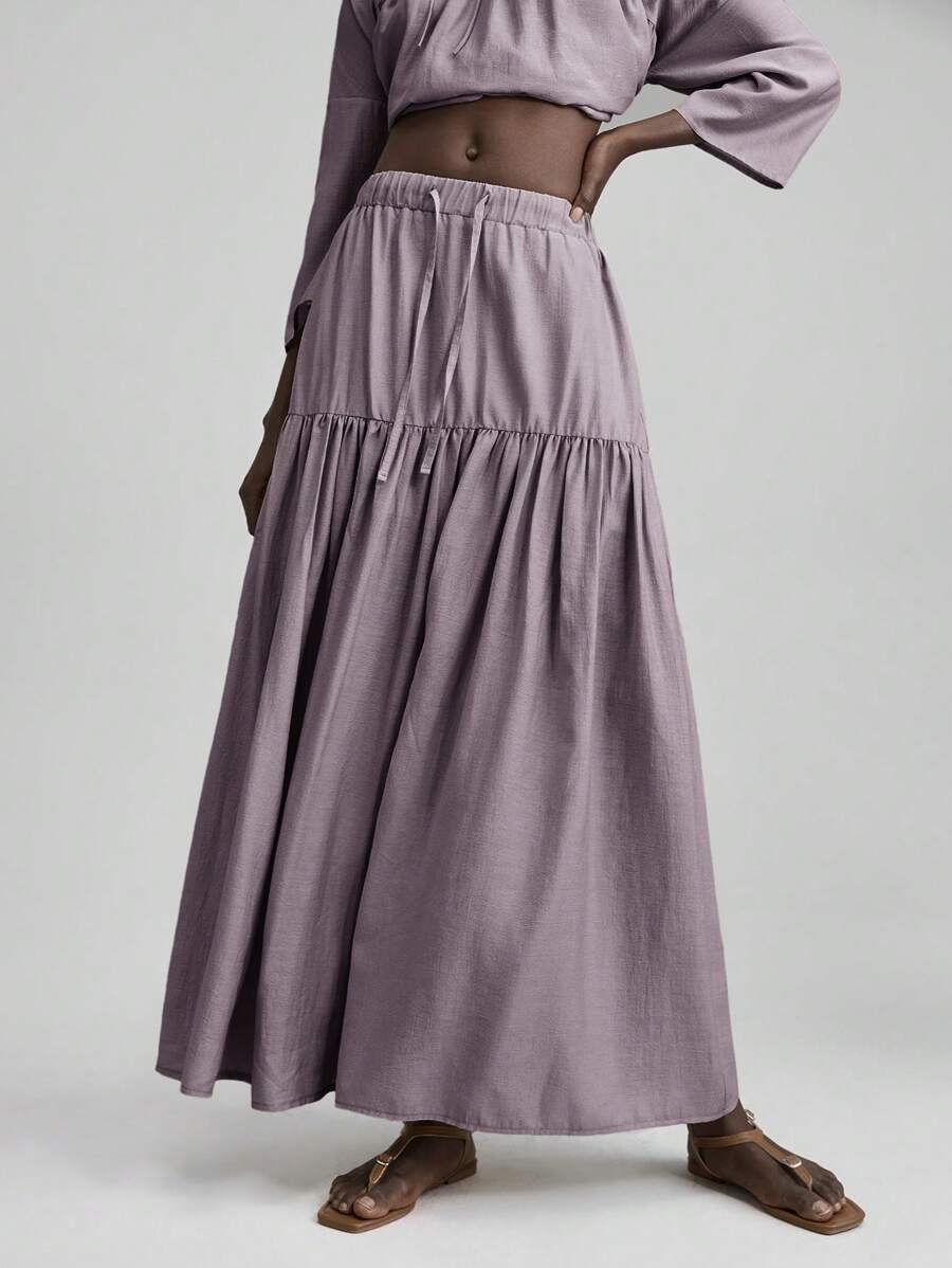 Ontre Rok A-Line Kasual Wanita Warna Polos dengan Tali Serut di Pinggang dan Hem Bergelombang, Cocok untuk Musim Panas, Musim Gugur, Wisuda, Liburan, Pantai, Festival Musik - Purple - View 1