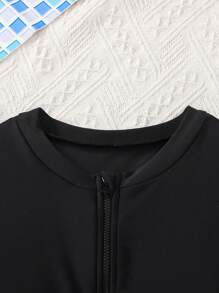 SHEIN Leap Crew 青少年女童黑色撞色白色腰部镂空夏季休闲度假沙滩针织短袖开衫拉链连体泳衣