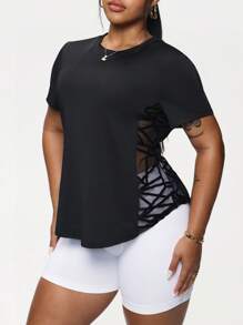 Rhythm Era Plus Size Women's Crew Neck Short Sleeve Geometric Mesh Splice Sports T-Shirt, Workout Top Gym Shirts - Black - View 3