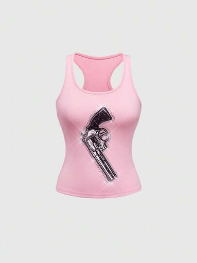 ROMWE Avant Vintage Babi Y2K Rhinestone Gun Crop Top, Millennium Babe Aesthetic Graphic Tank Top For Women