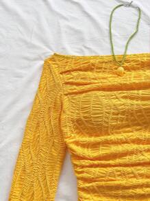 Soleia 女士纹理针织露肩喇叭袖修身上衣，适合度假、波西米亚风万圣节装扮、早午餐、生日派对、外出、约会、工作、锐舞派对等场合。 - 黃色 - 查看 4