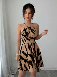 Selianne Women's Black And White Printed Elegant Sleeveless Halter Neck Dress